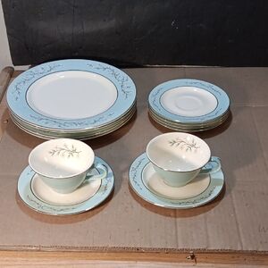 12 "Taylor Smith Taylor" Dishes. Elegant Blue and White Dinnerware Set